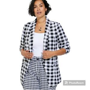 5X 28W Torrid Black White Retro Gingham Plaid Blazer Crepe Open Shawl Collar Plu